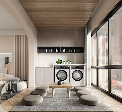 Modern Dining and Living Room Interior With Wooden Ceiling Gray Cabinets And Large Windows 3d model