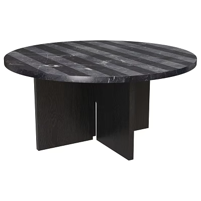 Round Coffee Table With Black And White Striped Marble Top And Dark Wooden Legs 3d model