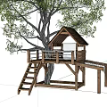 Wooden Tree House Structure With Platform Ladder And Net Under Big Tree 3d model