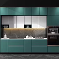 Modern Kitchen Interior With Wooden Cabinets Black Panel Marble Countertop And Lighting