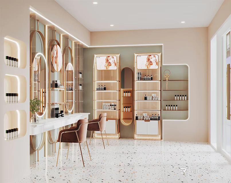 Elegant Modern Boutique Store Interior With Display Shelves Product Displays Lighting And Marble Counter 3d model 