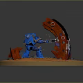 Blue Robot Warrior With Weapon On Orange Ground Near Red Broken Structures And Black Stones