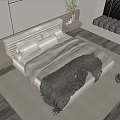 Minimalist Double Bed Interior With White Pillows Cozy Blanket Nightstand And Wooden Floor