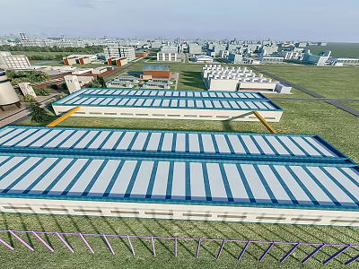 Aerial View of Industrial Factory Buildings With Blue Roof Panels Surrounded by Green Fields 3d model