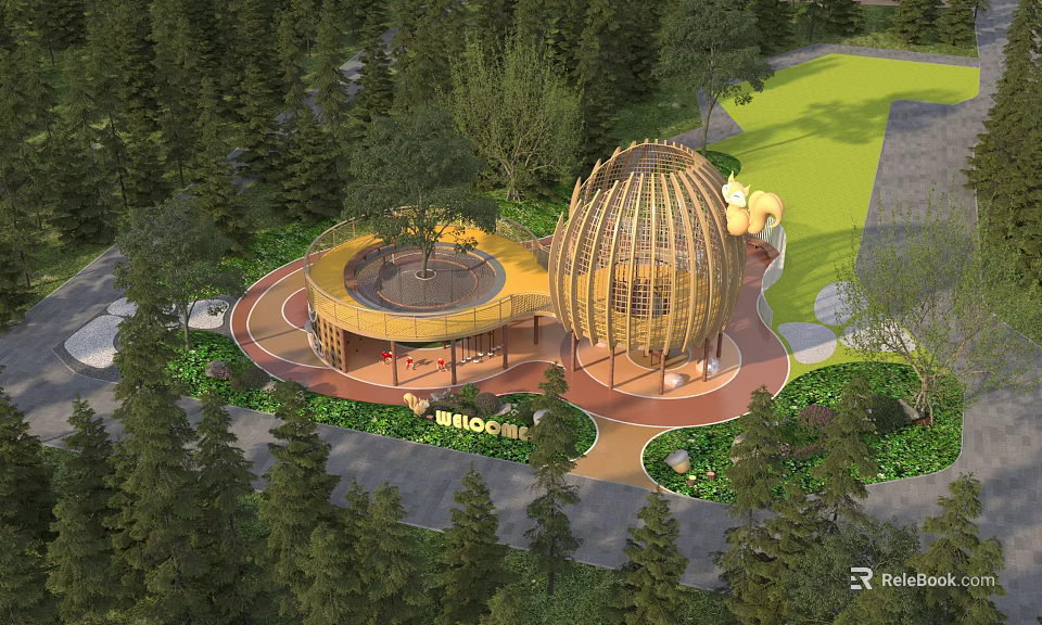 Kids Play Area With Wooden Dome Structure Circular Platform And Green Lawn Surrounded By Trees 3d model 