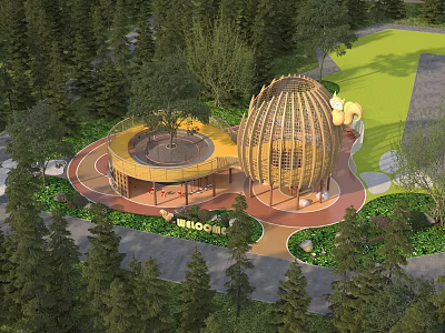 Kids Play Area With Wooden Dome Structure Circular Platform And Green Lawn Surrounded By Trees 3d model