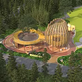 Kids Play Area With Wooden Dome Structure Circular Platform And Green Lawn Surrounded By Trees