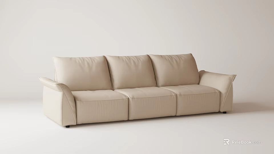 Modern Beige Leather Three-Seater Sofa with Sleek Lines and Minimalist Design 3d model