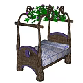 Wooden Single Bed With Curved Frame Vine Decor And Blue White Striped Mattress