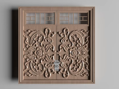 Carved Lattice Window On Wooden Double Door With Symmetric Floral Patterns 3d model