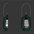 Two Green Vintage Kerosene Lanterns With Metal Frame And Glass Shade