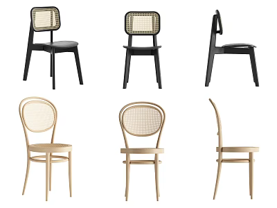 Modern Dining Chairs With Woven Backrest And Wooden Frame In Black Natural Color Designs 3d model