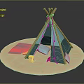 Turquoise Kids Tepee Tent With Wooden Poles Small Blanket And Toys