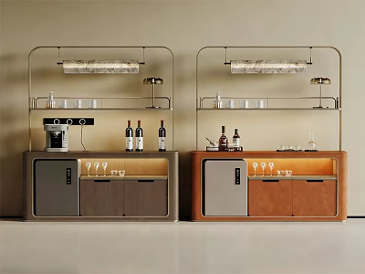 Modern Brown And Gray Sideboard With Metal Frame Glass Shelves Wine Bottles And Coffee Machine 3d model