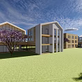 Modern White Multistory School Buildings Featuring Large Glass Windows Colorful Geometric Decorations And Green Lawn