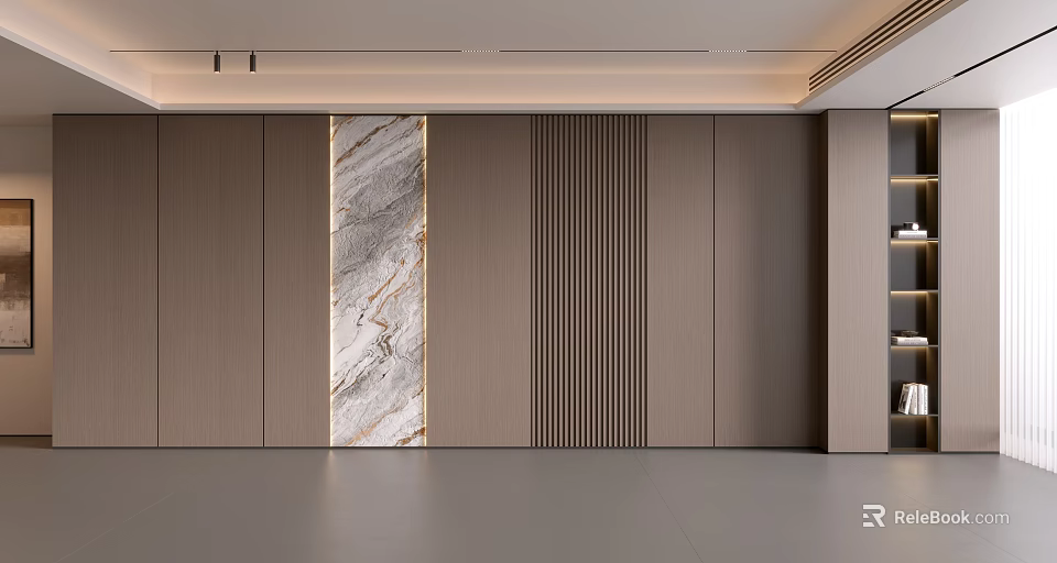 Elegant Modern Background Wall With Marble Texture And Wooden Slats Minimalist Design 3d model 
