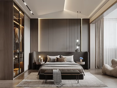 Modern Bedroom Interior Design With Dark Bed Glass Door Wardrobe Soft Rug And Light Curtains 3d model