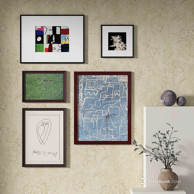Abstract Paintings On Wall With Framed Art Diverse Styles And Decorative Elements 3d model