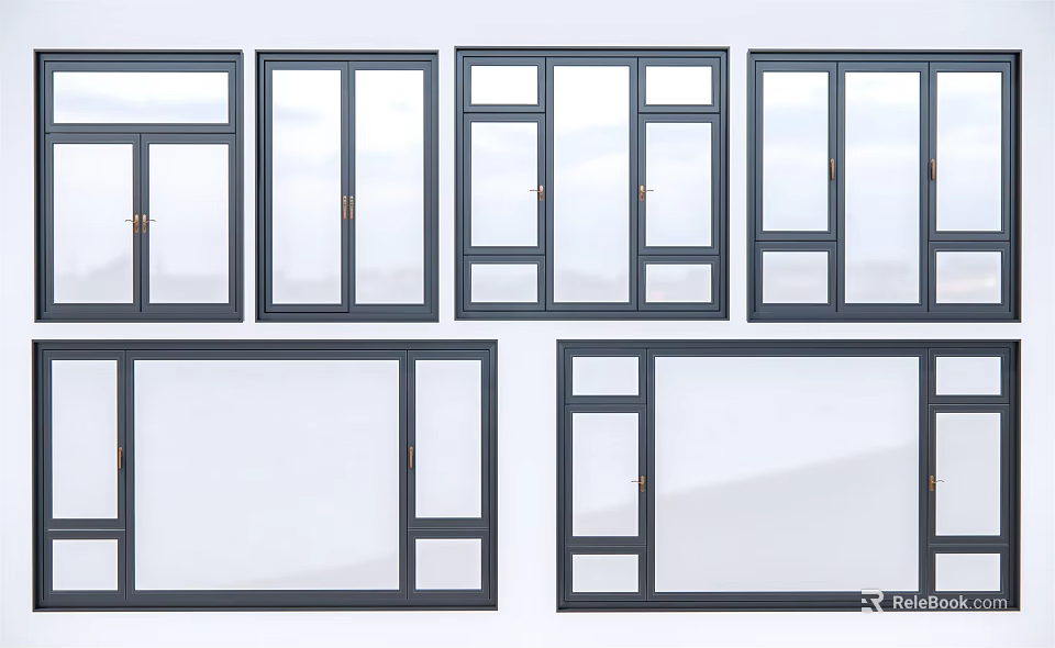 Modern Casement Windows with Black Frames and Various Design Styles 3d model