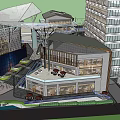 Modern Commercial Landscape With Geometric Buildings Central Plaza Green Spaces And Pedestrian Walkways