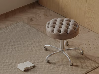 Beige Upholstered Massage Chair With Wheels And Open Book On Woven Rug Wooden Floor 3d model