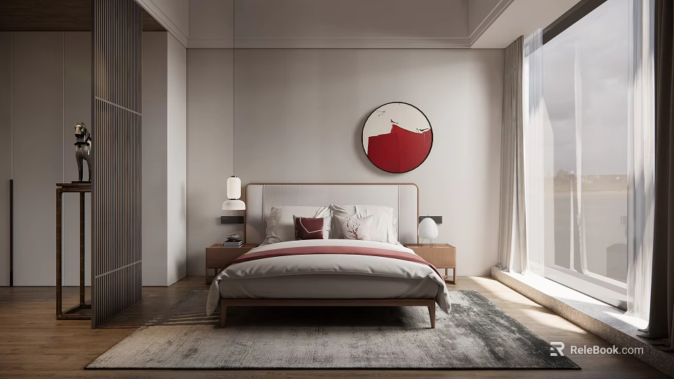 Modern Bedroom With Wooden Bed Red Circular Wall Art Large Window And Rug 3d model 