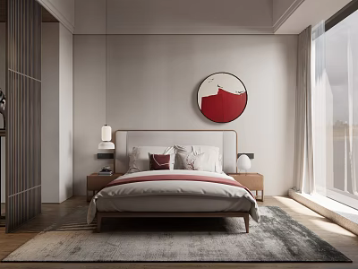 Modern Bedroom With Wooden Bed Red Circular Wall Art Large Window And Rug 3d model