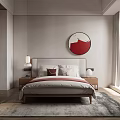 Modern Bedroom With Wooden Bed Red Circular Wall Art Large Window And Rug