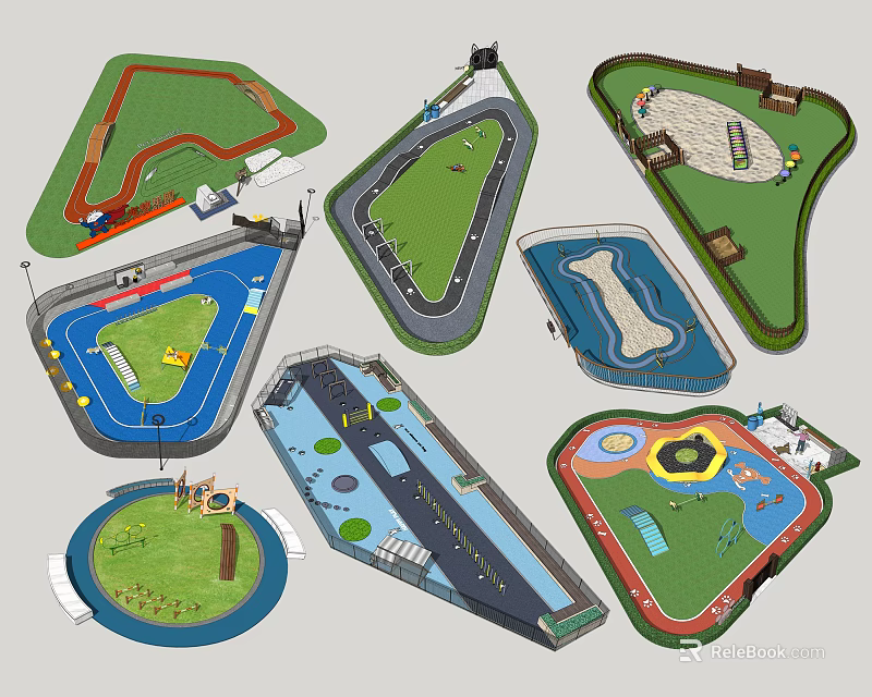 Various Shaped Playground Layouts With Grass Areas Water Features And Tracks 3d model 