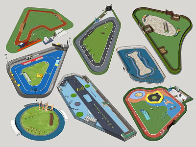 Various Shaped Playground Layouts With Grass Areas Water Features And Tracks 3d model