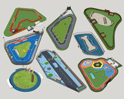 Various Shaped Playground Layouts With Grass Areas Water Features And Tracks 3d model