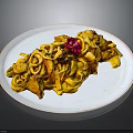 Delicious Yellow Fettuccine Pasta With Mushroom Sauce And Red Garnish