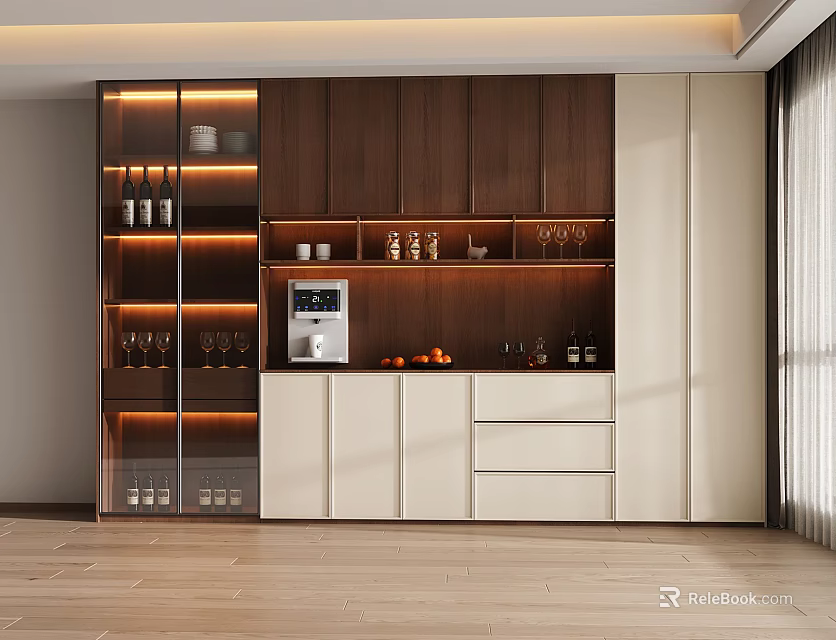 Modern Wine Cabinet Design With Wooden White Finish Layered Shelves Wine Glasses And Built-in Lighting 3d model 