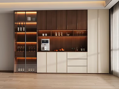 Modern Wine Cabinet Design With Wooden White Finish Layered Shelves Wine Glasses And Built-in Lighting 3d model