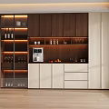 Modern Wine Cabinet Design With Wooden White Finish Layered Shelves Wine Glasses And Built-in Lighting