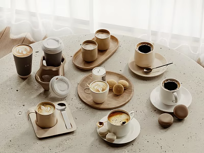 Various Coffee Beverages In Different Cups With Macarons On Tabletop Trays 3d model
