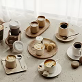 Various Coffee Beverages In Different Cups With Macarons On Tabletop Trays 3d model