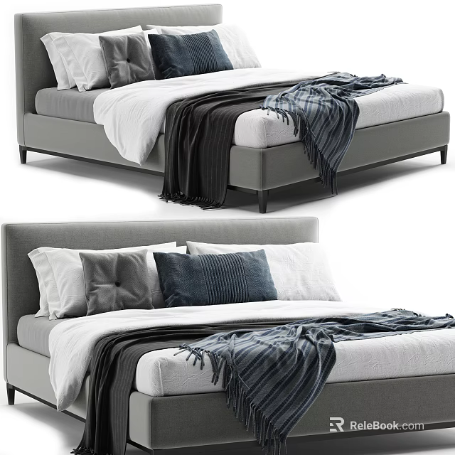 Modern Double Bed With Gray Frame White Bedding Cozy Blankets And Decorative Pillows 3d model
