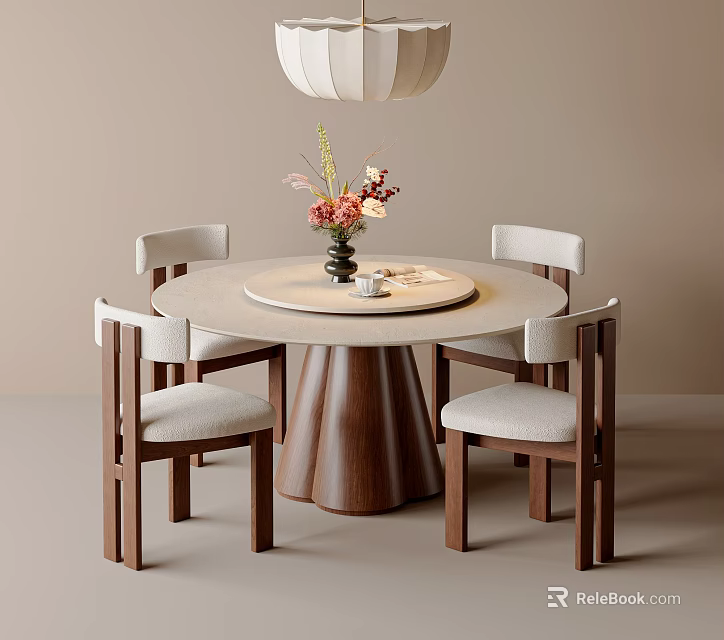 Round Wooden Dining Table With Four Chairs Light Colored Cushions Vase Flowers And Hanging Lamp 3d model 