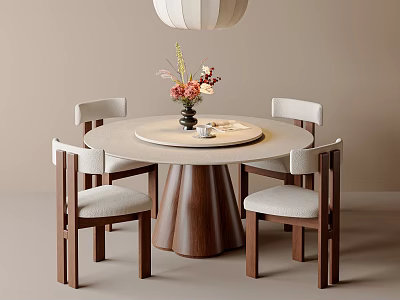 Round Wooden Dining Table With Four Chairs Light Colored Cushions Vase Flowers And Hanging Lamp 3d model