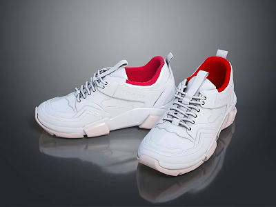 White Lace Up Casual Sneakers With Red Lining And Modern Design For Everyday Wear 3d model