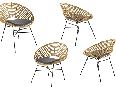 Wicker Chairs With Black Metal Legs And Gray Cushions Set Of Four 3d model
