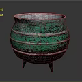 Iridescent Ceramic Pot With Green Silver Glaze Three Legs And Textured Surface