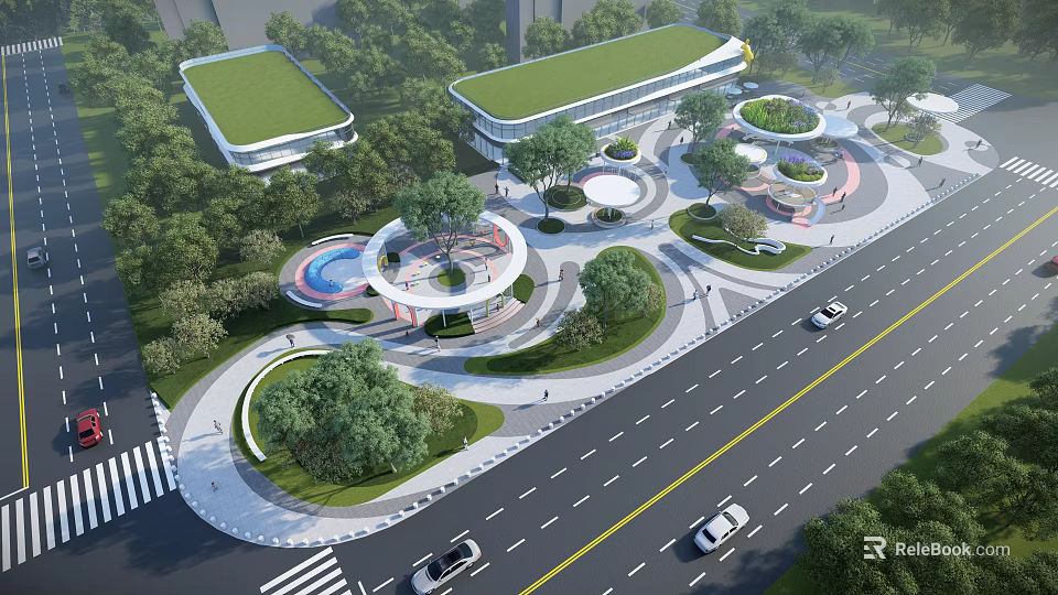 Urban Park Landscape with Green Roof Buildings Circular Design Curved Walkways and Trees 3d model 