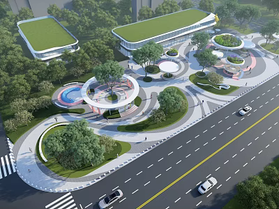 Urban Park Landscape with Green Roof Buildings Circular Design Curved Walkways and Trees 3d model