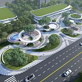 Urban Park Landscape with Green Roof Buildings Circular Design Curved Walkways and Trees
