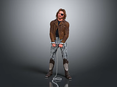 Chained Man in Brown Leather Jacket Black T-Shirt Jeans with Knee Pads Boots Gray Background 3d model