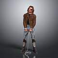 Chained Man in Brown Leather Jacket Black T-Shirt Jeans with Knee Pads Boots Gray Background