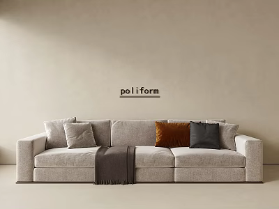 Three Seater Light Gray Sofa With Cushions And Throw Blanket Against Beige Wall Poliform Logo 3d model