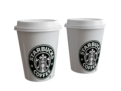 Two White Starbucks Coffee Cups With Lids And Brand Logo Design 3d model